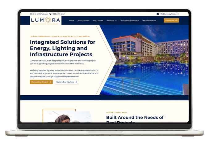 Lumora Global corporate website design presenting its integrated solutions
